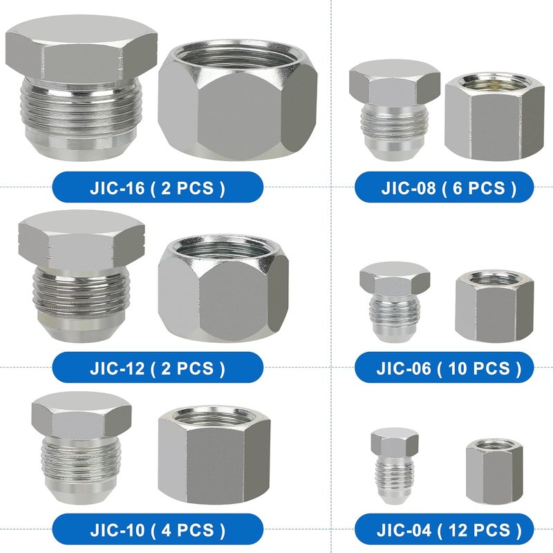 ANCIMOON 72PCS JIC Cap and Plug Set, 37 Degree Flare Threads Hydraulic Hose Fittings, Carbon Steel, Size 4 6 8 10 12 16 - Image 3